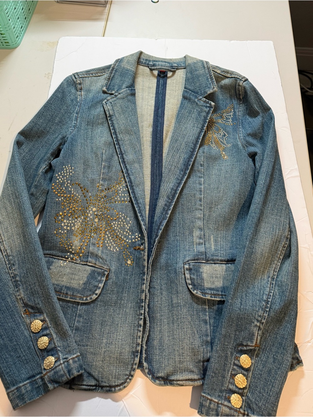 A Exchange Denim Blazer Jacket M Rhinestone Butterfly Y2K Embellishedq